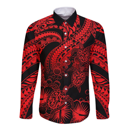 Personalised Polynesian Long Sleeve Button Shirt Tribal Honu Turtle with Hibiscus Red Version