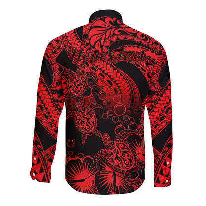 Personalised Polynesian Long Sleeve Button Shirt Tribal Honu Turtle with Hibiscus Red Version