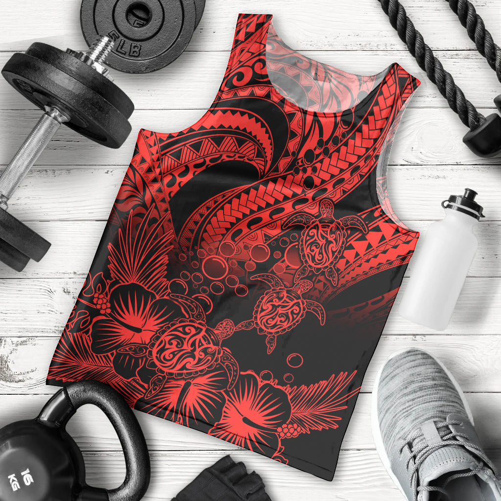 Personalised Polynesian Men Tank Top Tribal Honu Turtle with Hibiscus Red Version