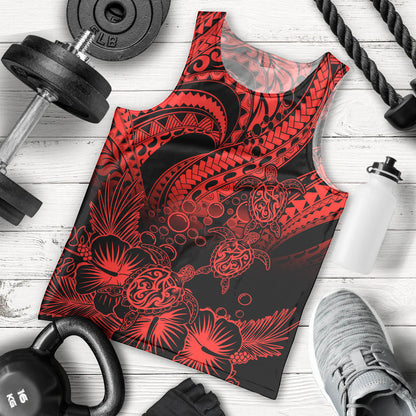 Personalised Polynesian Men Tank Top Tribal Honu Turtle with Hibiscus Red Version