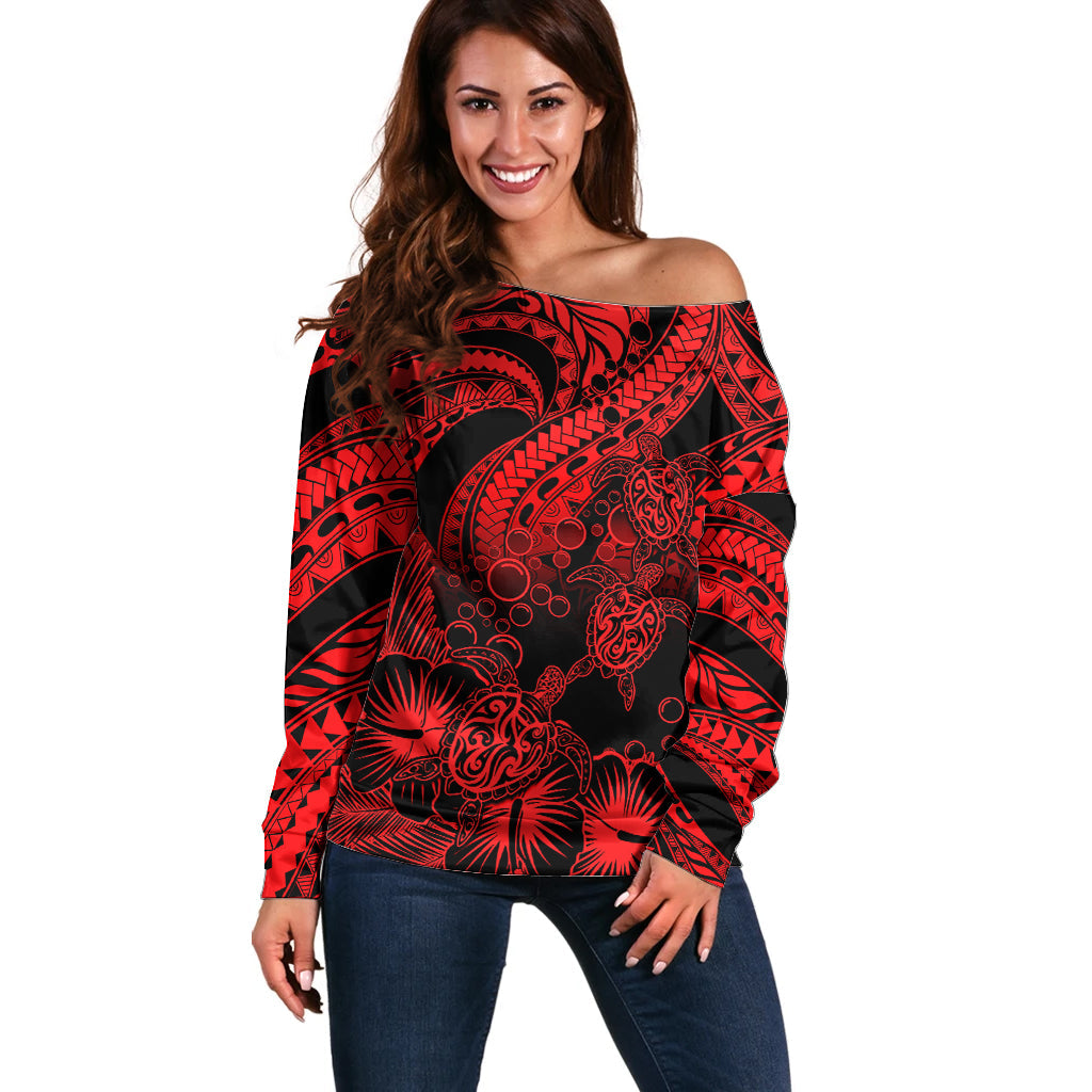 Personalised Polynesian Off Shoulder Sweater Tribal Honu Turtle with Hibiscus Red Version
