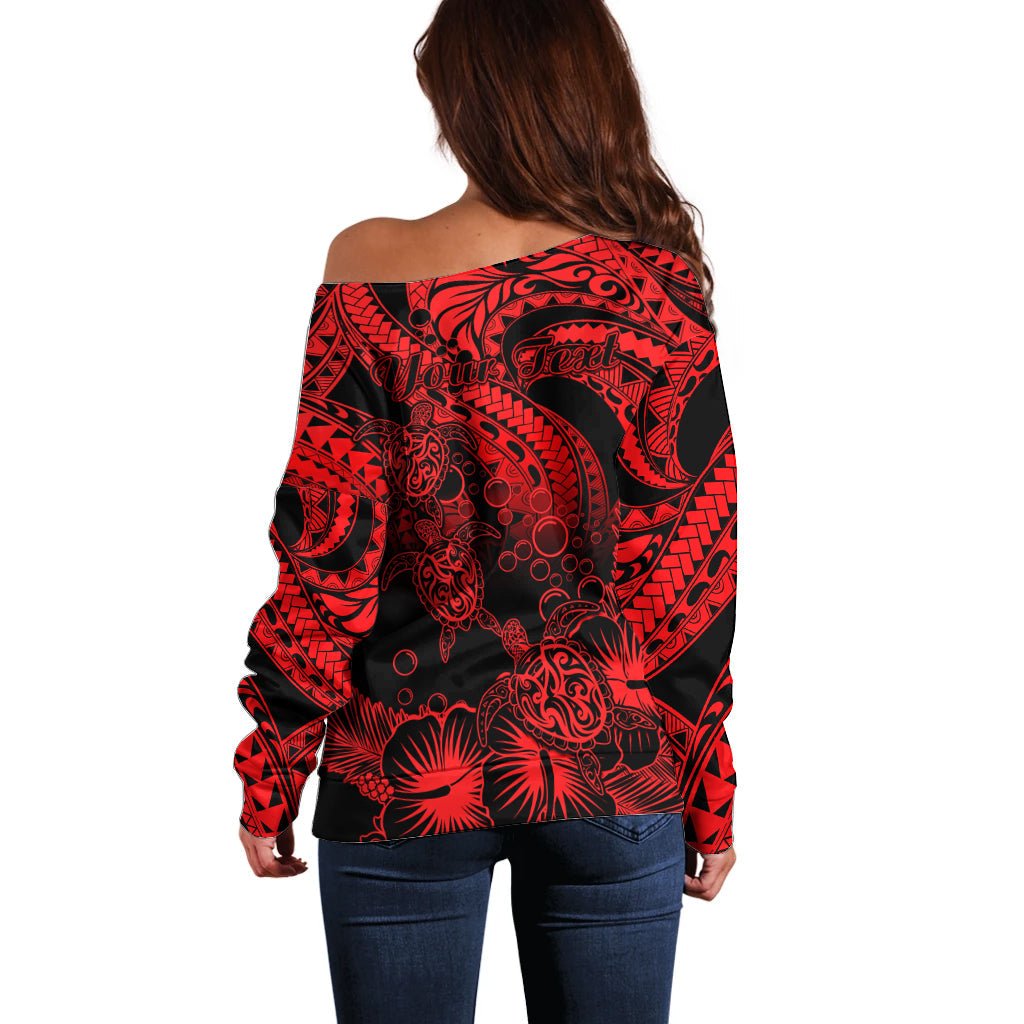 Personalised Polynesian Off Shoulder Sweater Tribal Honu Turtle with Hibiscus Red Version