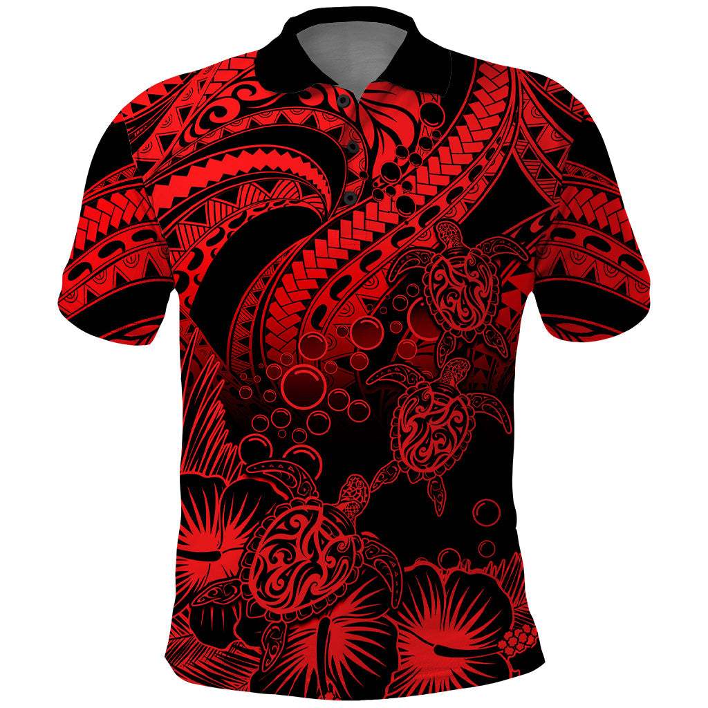 Personalised Polynesian Polo Shirt Tribal Honu Turtle with Hibiscus Red Version