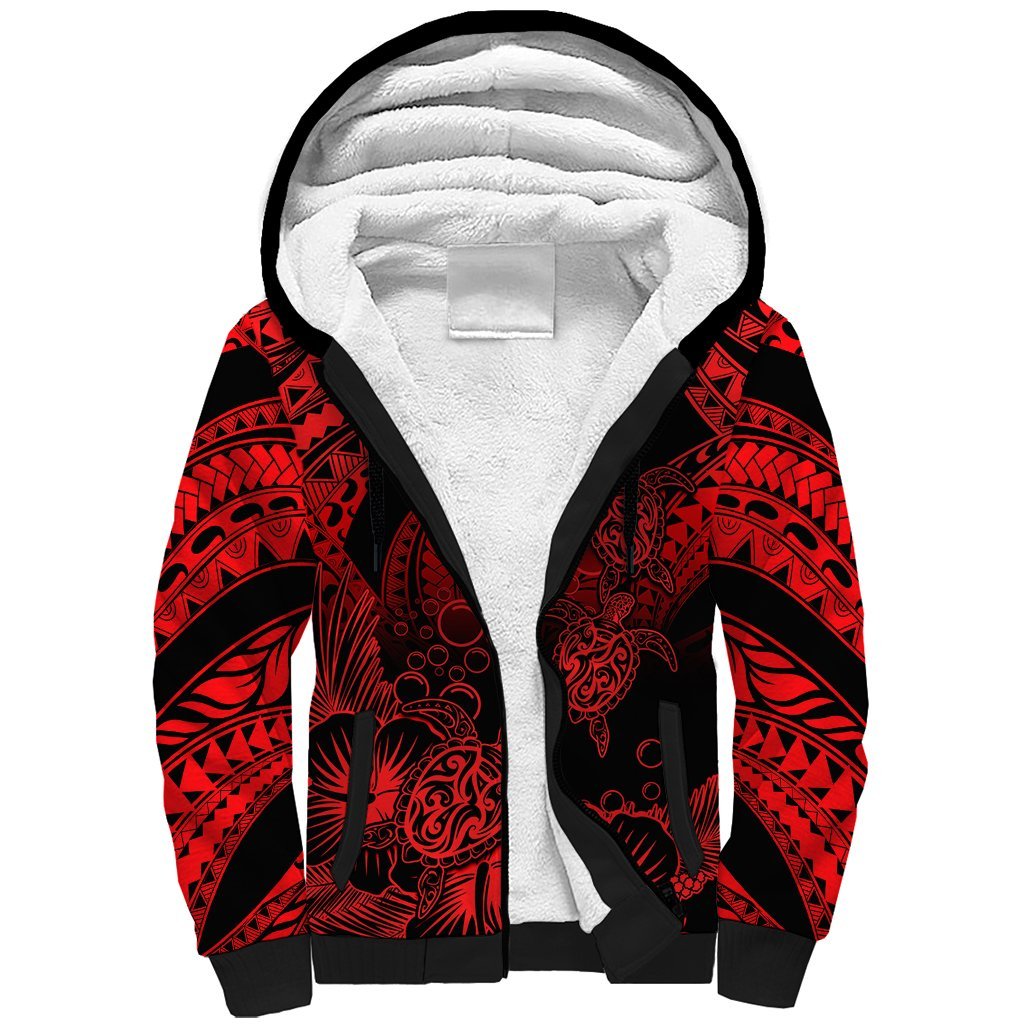Personalised Polynesian Sherpa Hoodie Tribal Honu Turtle with Hibiscus Red Version