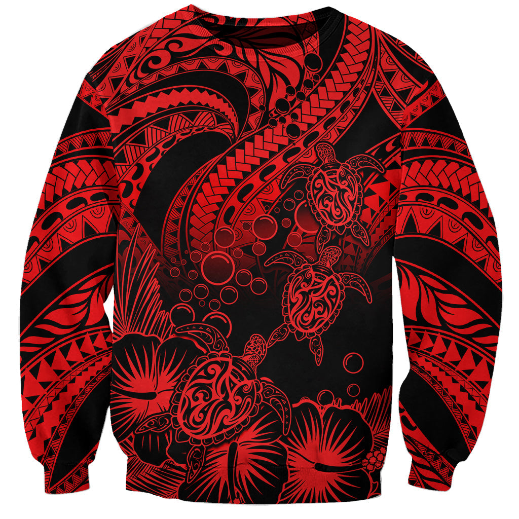 Personalised Polynesian Sweatshirt Tribal Honu Turtle with Hibiscus Red Version