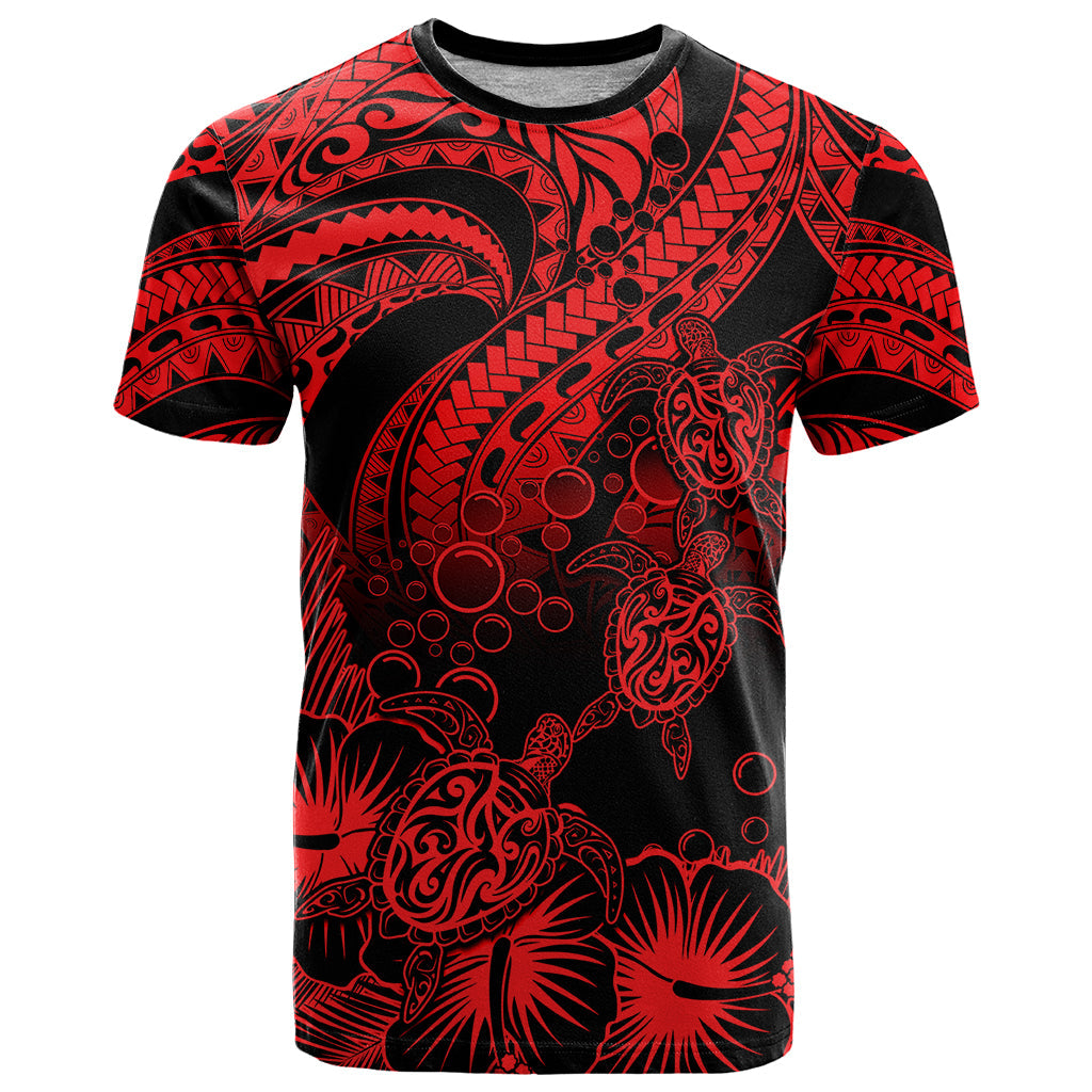 Personalised Polynesian T Shirt Tribal Honu Turtle with Hibiscus Red Version