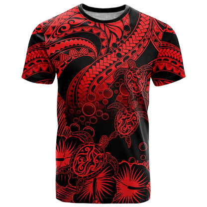 Personalised Polynesian T Shirt Tribal Honu Turtle with Hibiscus Red Version