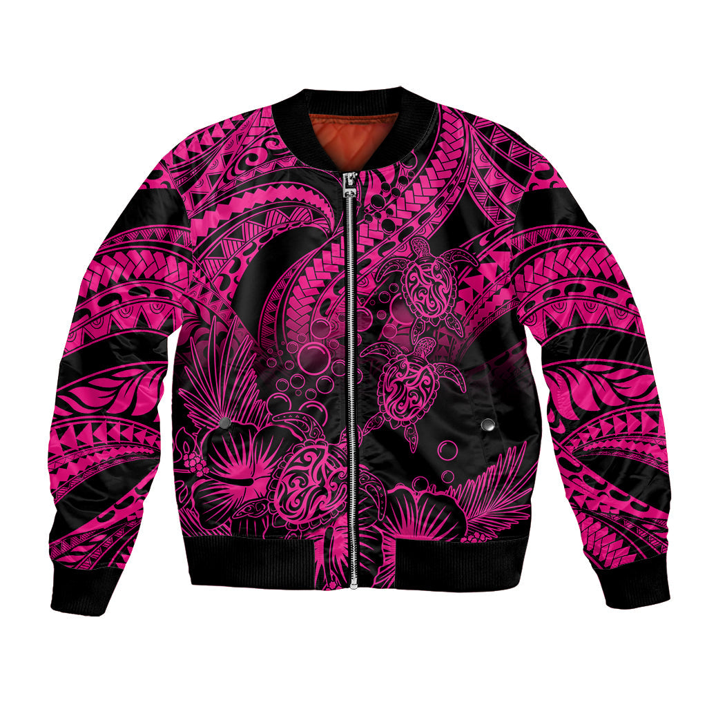Personalised Polynesian Bomber Jacket Tribal Honu Turtle with Hibiscus Pink Version