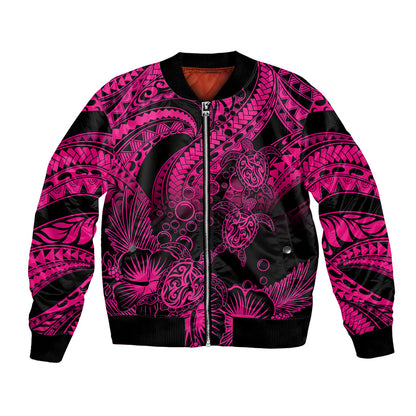 Personalised Polynesian Bomber Jacket Tribal Honu Turtle with Hibiscus Pink Version