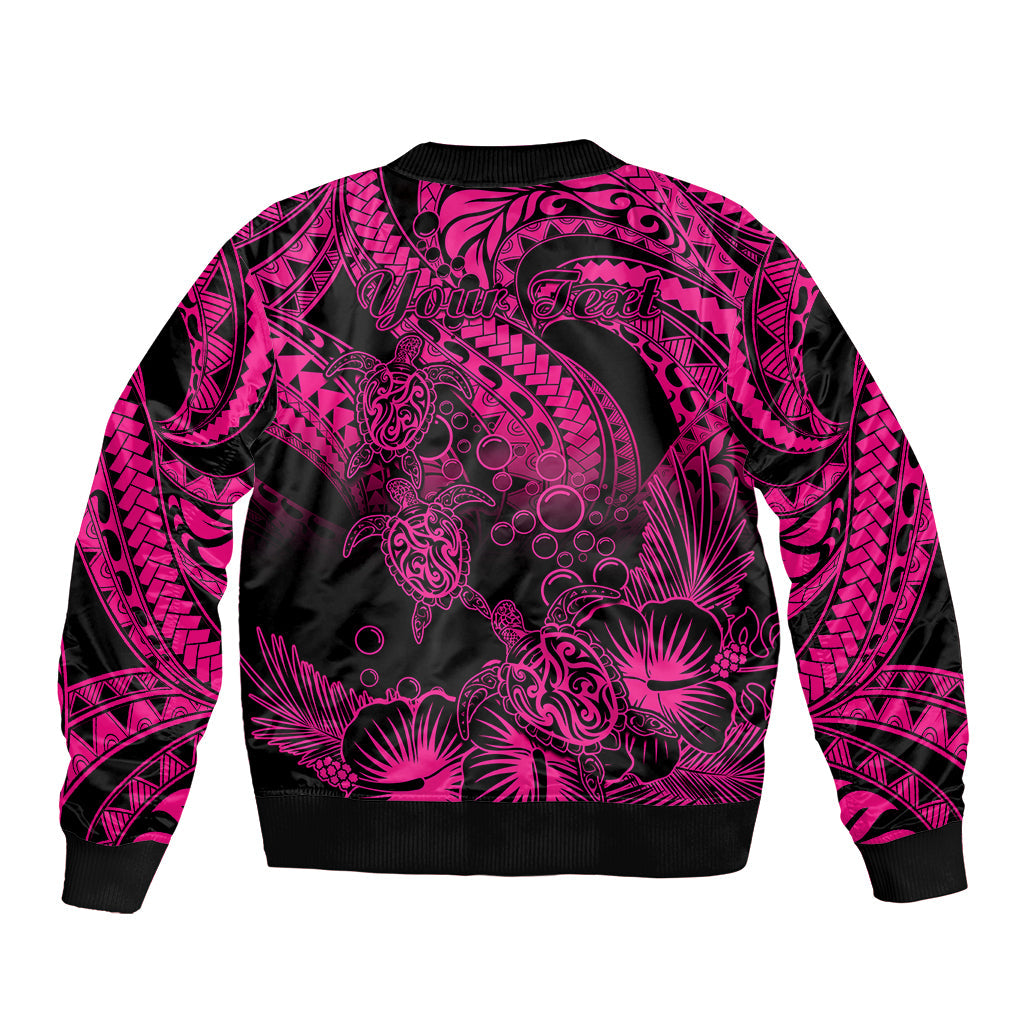 Personalised Polynesian Bomber Jacket Tribal Honu Turtle with Hibiscus Pink Version