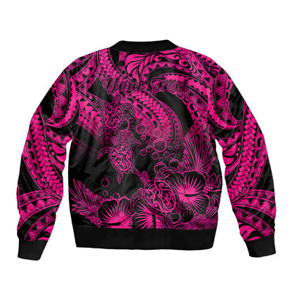 Personalised Polynesian Bomber Jacket Tribal Honu Turtle with Hibiscus Pink Version