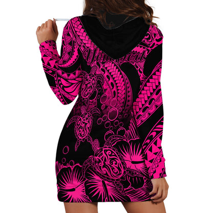 Personalised Polynesian Hoodie Dress Tribal Honu Turtle with Hibiscus Pink Version