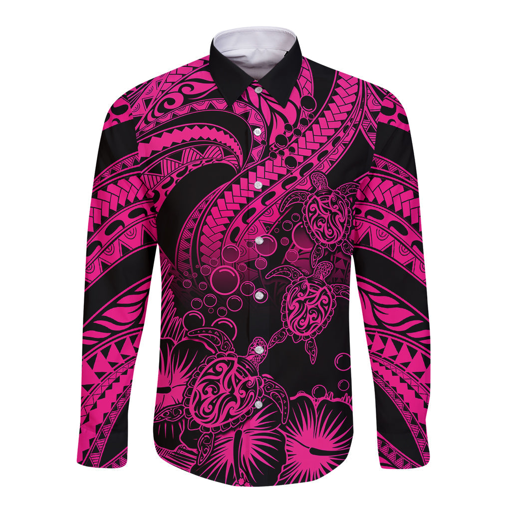 Personalised Polynesian Long Sleeve Button Shirt Tribal Honu Turtle with Hibiscus Pink Version