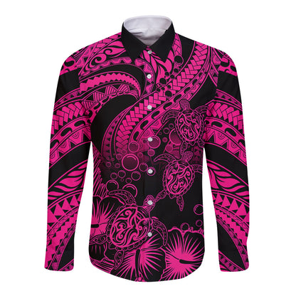 Personalised Polynesian Long Sleeve Button Shirt Tribal Honu Turtle with Hibiscus Pink Version
