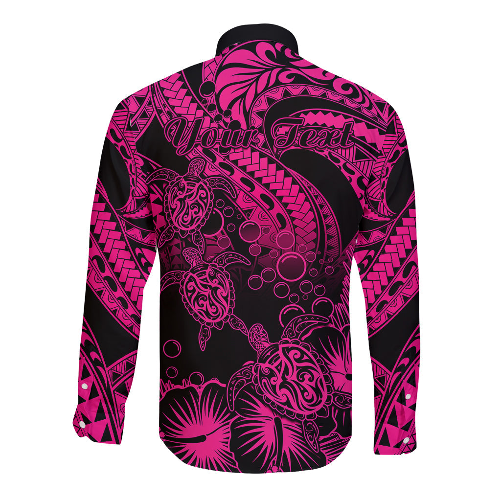 Personalised Polynesian Long Sleeve Button Shirt Tribal Honu Turtle with Hibiscus Pink Version