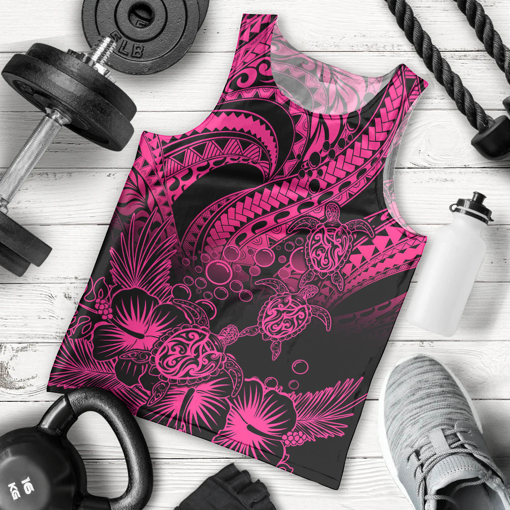 Personalised Polynesian Men Tank Top Tribal Honu Turtle with Hibiscus Pink Version