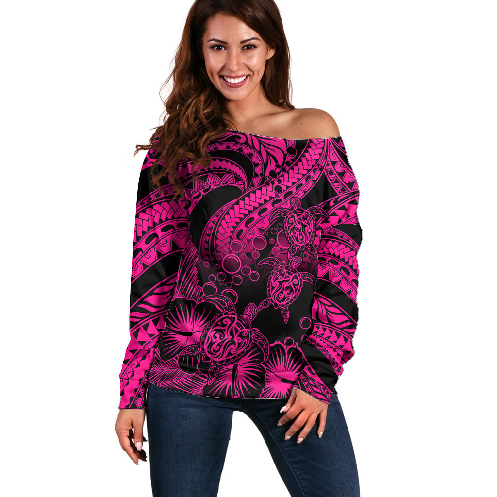 Personalised Polynesian Off Shoulder Sweater Tribal Honu Turtle with Hibiscus Pink Version