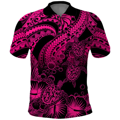 Personalised Polynesian Polo Shirt Tribal Honu Turtle with Hibiscus Pink Version