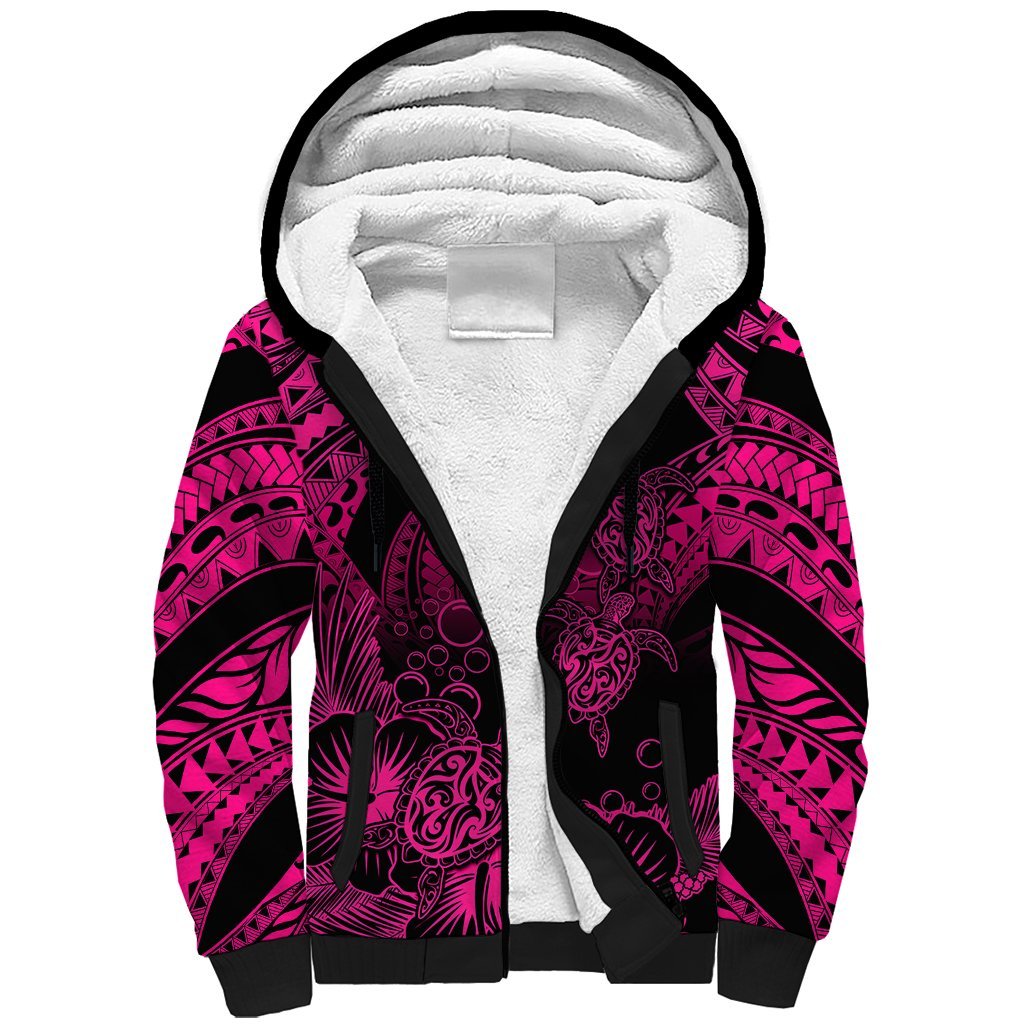 Personalised Polynesian Sherpa Hoodie Tribal Honu Turtle with Hibiscus Pink Version