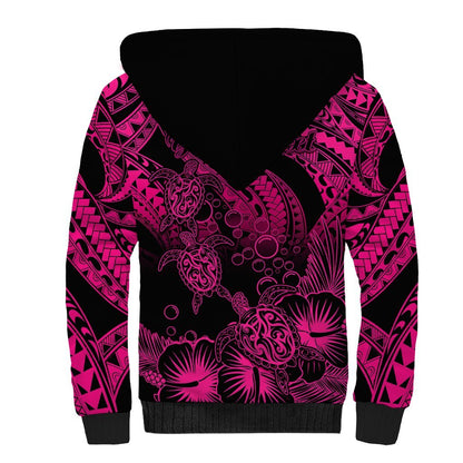 Personalised Polynesian Sherpa Hoodie Tribal Honu Turtle with Hibiscus Pink Version