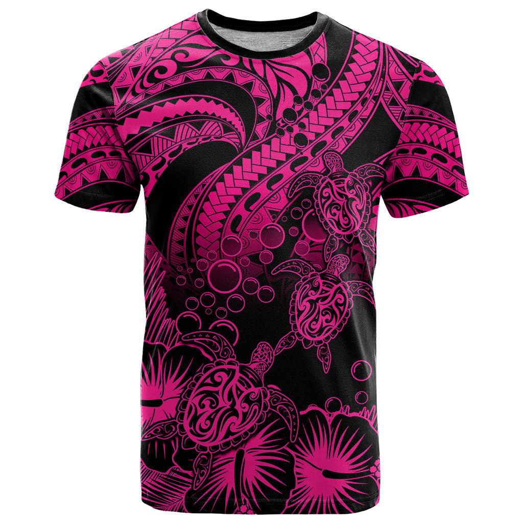 Personalised Polynesian T Shirt Tribal Honu Turtle with Hibiscus Pink Version