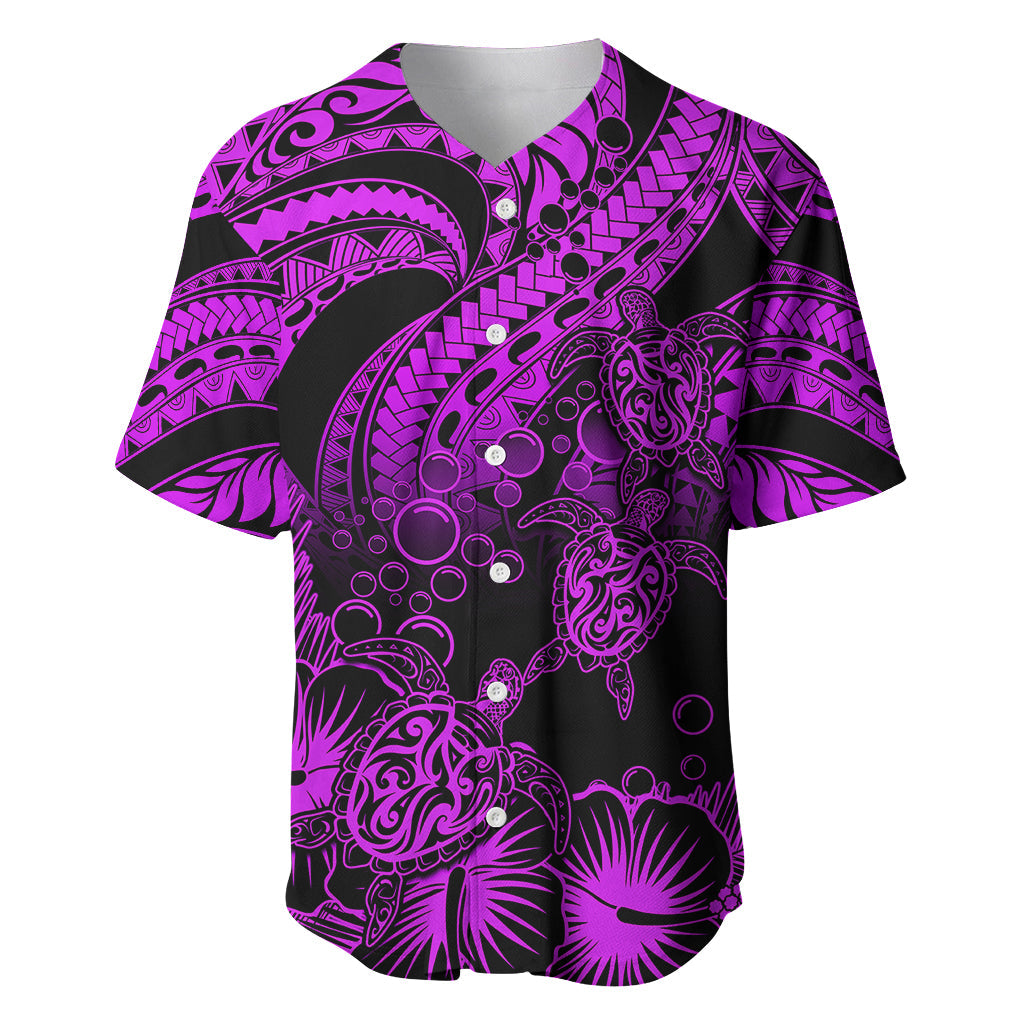 Personalised Polynesian Baseball Jersey Tribal Honu Turtle with Hibiscus Purple Version