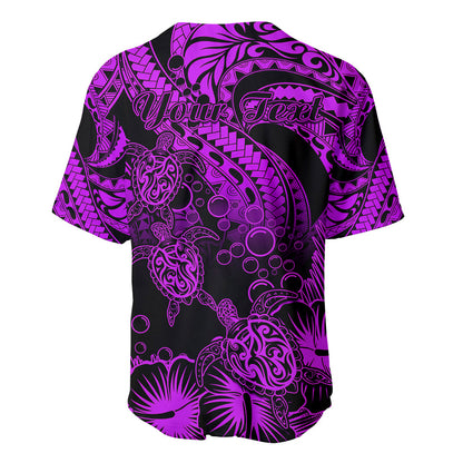 Personalised Polynesian Baseball Jersey Tribal Honu Turtle with Hibiscus Purple Version