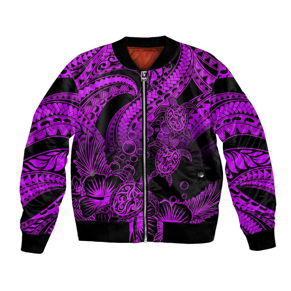 Personalised Polynesian Bomber Jacket Tribal Honu Turtle with Hibiscus Purple Version