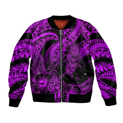 Personalised Polynesian Bomber Jacket Tribal Honu Turtle with Hibiscus Purple Version