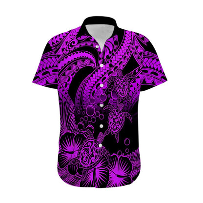 Personalised Polynesian Hawaiian Shirt Tribal Honu Turtle with Hibiscus Purple Version