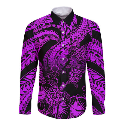 Personalised Polynesian Long Sleeve Button Shirt Tribal Honu Turtle with Hibiscus Purple Version