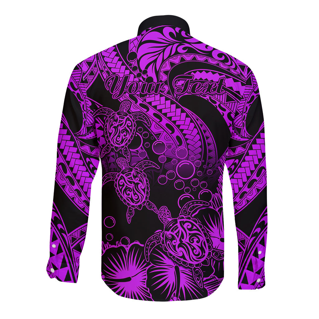 Personalised Polynesian Long Sleeve Button Shirt Tribal Honu Turtle with Hibiscus Purple Version