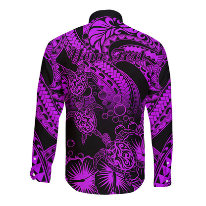 Personalised Polynesian Long Sleeve Button Shirt Tribal Honu Turtle with Hibiscus Purple Version