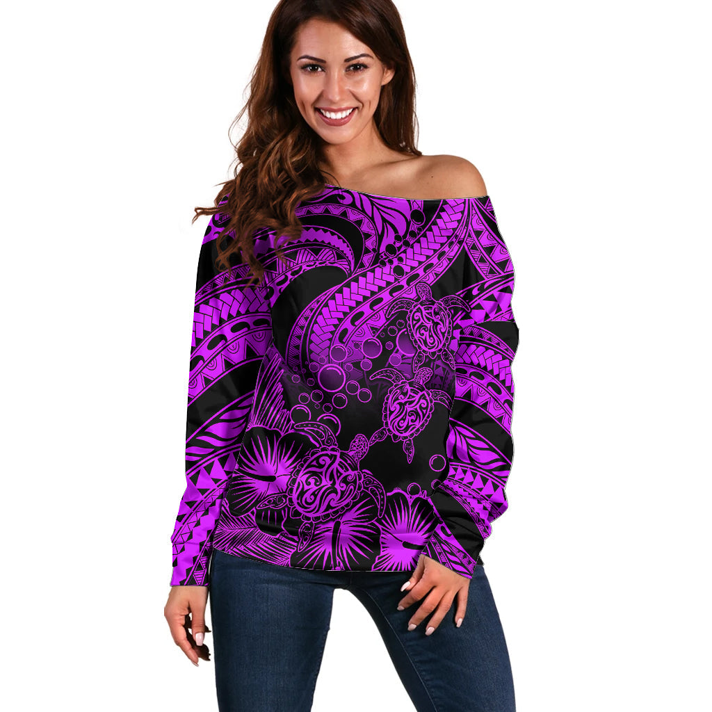 Personalised Polynesian Off Shoulder Sweater Tribal Honu Turtle with Hibiscus Purple Version