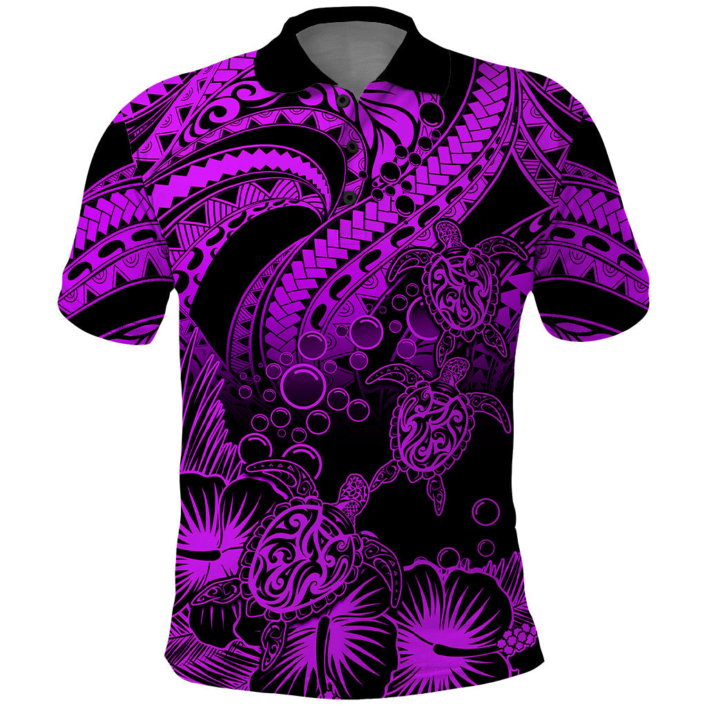 Personalised Polynesian Polo Shirt Tribal Honu Turtle with Hibiscus Purple Version