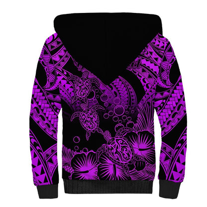Personalised Polynesian Sherpa Hoodie Tribal Honu Turtle with Hibiscus Purple Version