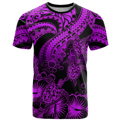 Personalised Polynesian T Shirt Tribal Honu Turtle with Hibiscus Purple Version