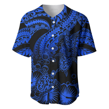 Personalised Polynesian Baseball Jersey Tribal Honu Turtle with Hibiscus Blue Version