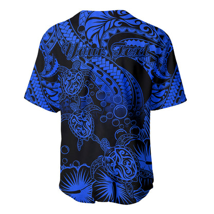 Personalised Polynesian Baseball Jersey Tribal Honu Turtle with Hibiscus Blue Version