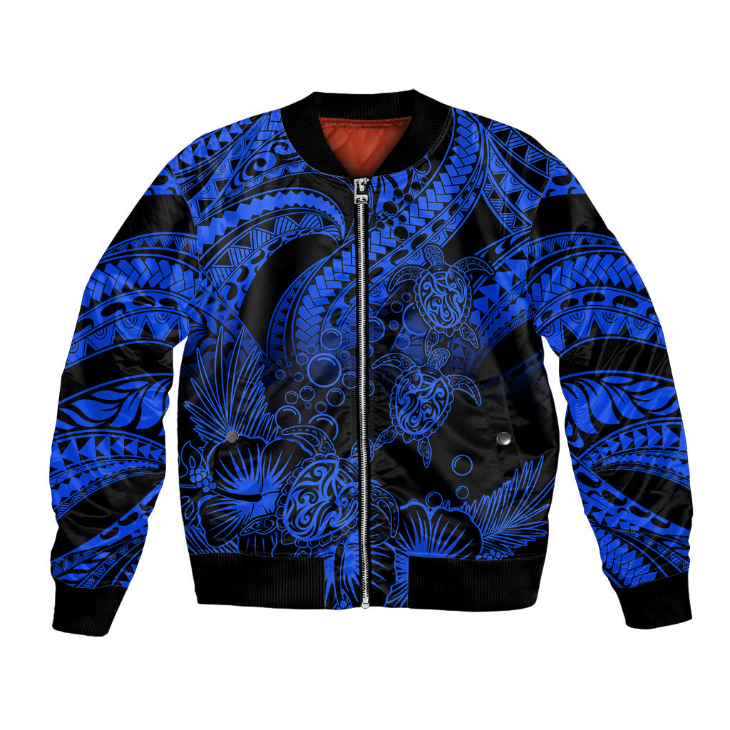 Personalised Polynesian Bomber Jacket Tribal Honu Turtle with Hibiscus Blue Version