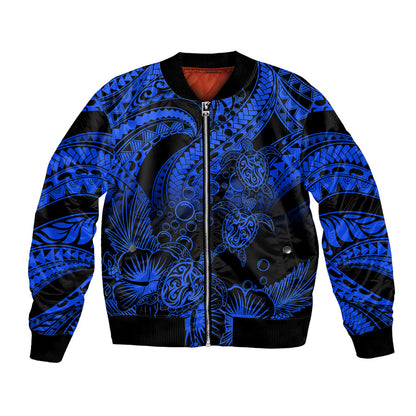 Personalised Polynesian Bomber Jacket Tribal Honu Turtle with Hibiscus Blue Version
