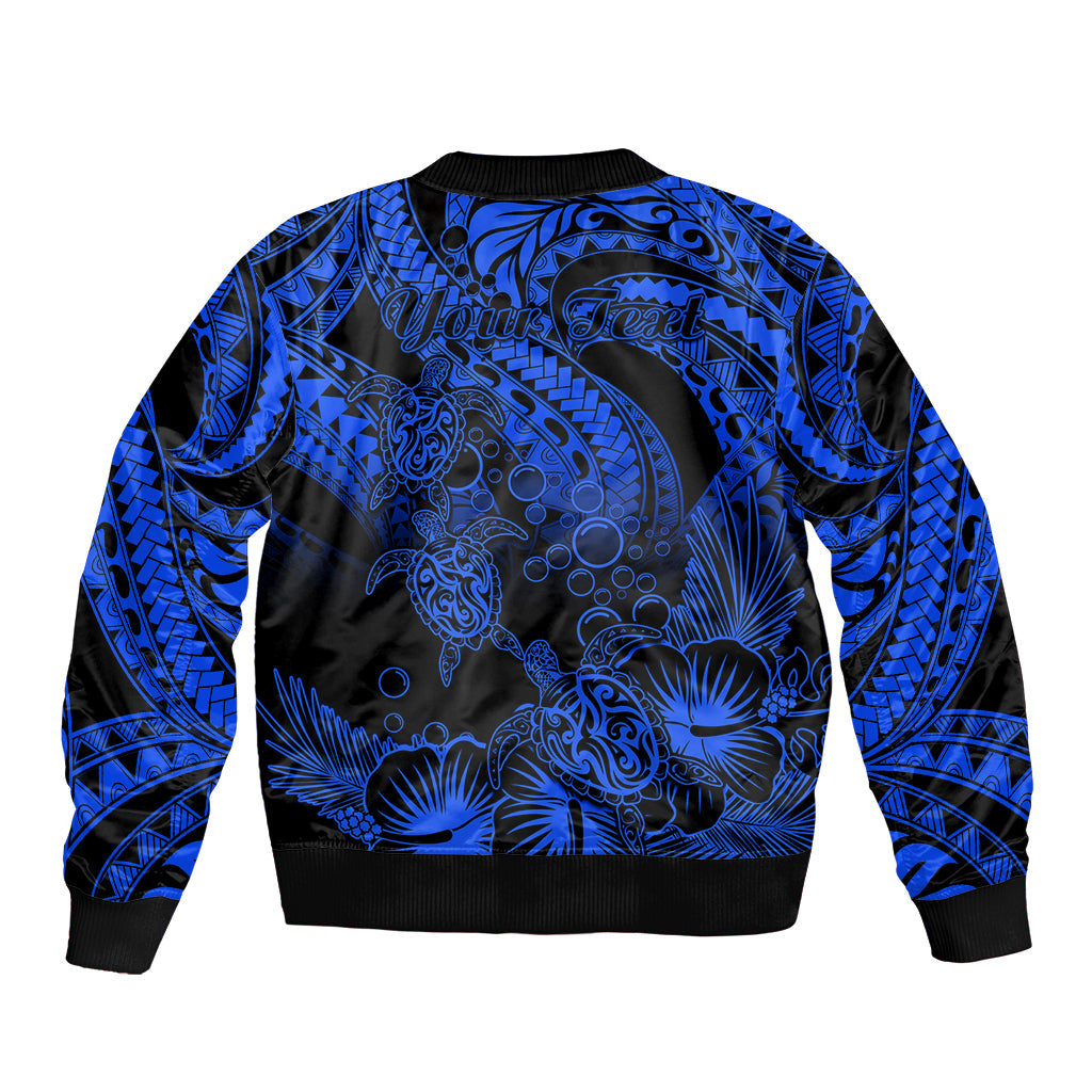 Personalised Polynesian Bomber Jacket Tribal Honu Turtle with Hibiscus Blue Version