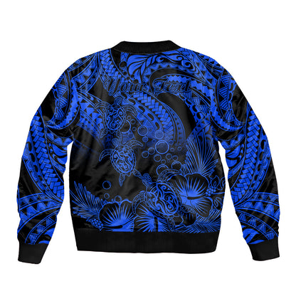 Personalised Polynesian Bomber Jacket Tribal Honu Turtle with Hibiscus Blue Version