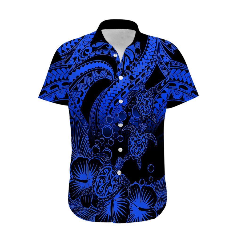 Personalised Polynesian Hawaiian Shirt Tribal Honu Turtle with Hibiscus Blue Version