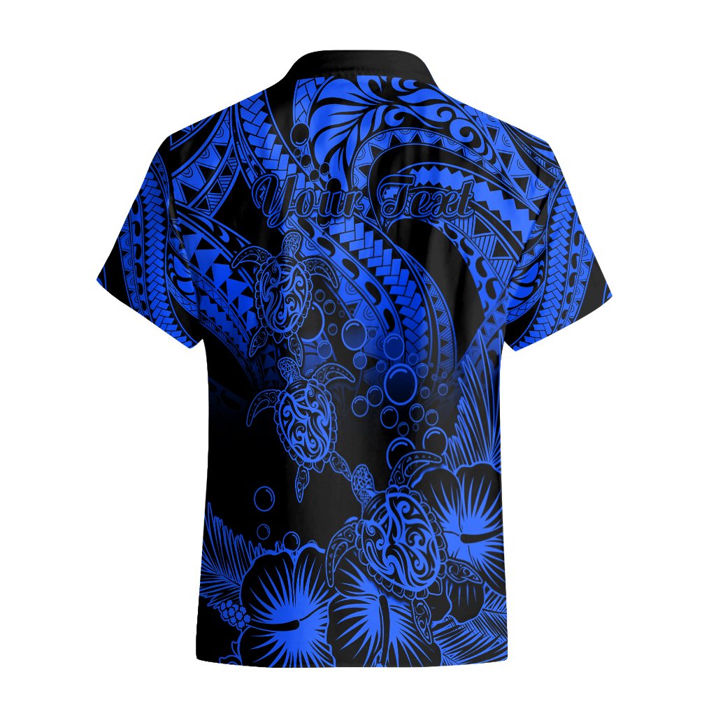 Personalised Polynesian Hawaiian Shirt Tribal Honu Turtle with Hibiscus Blue Version