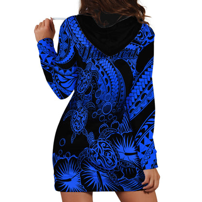 Personalised Polynesian Hoodie Dress Tribal Honu Turtle with Hibiscus Blue Version