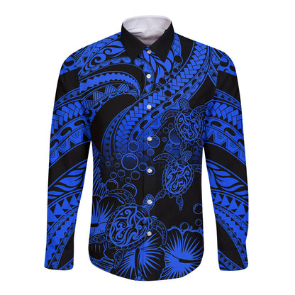 Personalised Polynesian Long Sleeve Button Shirt Tribal Honu Turtle with Hibiscus Blue Version