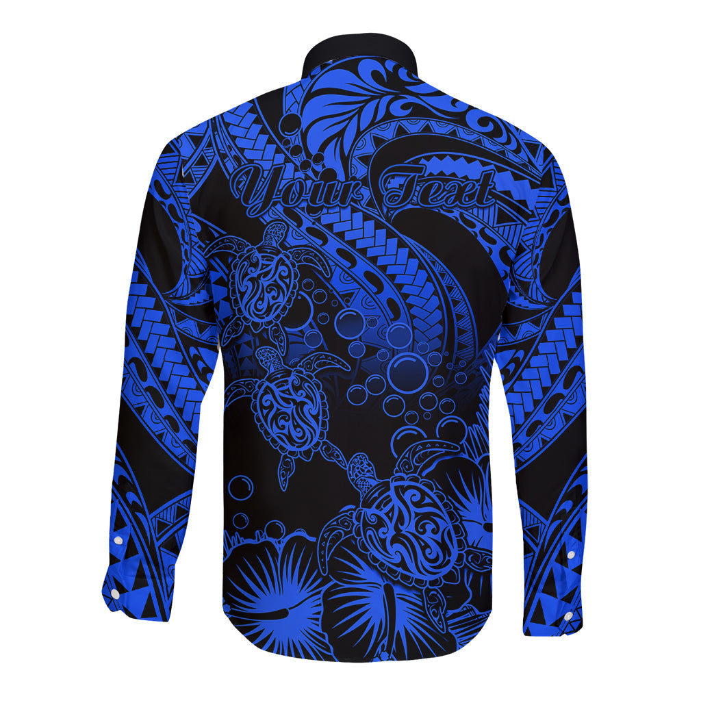 Personalised Polynesian Long Sleeve Button Shirt Tribal Honu Turtle with Hibiscus Blue Version
