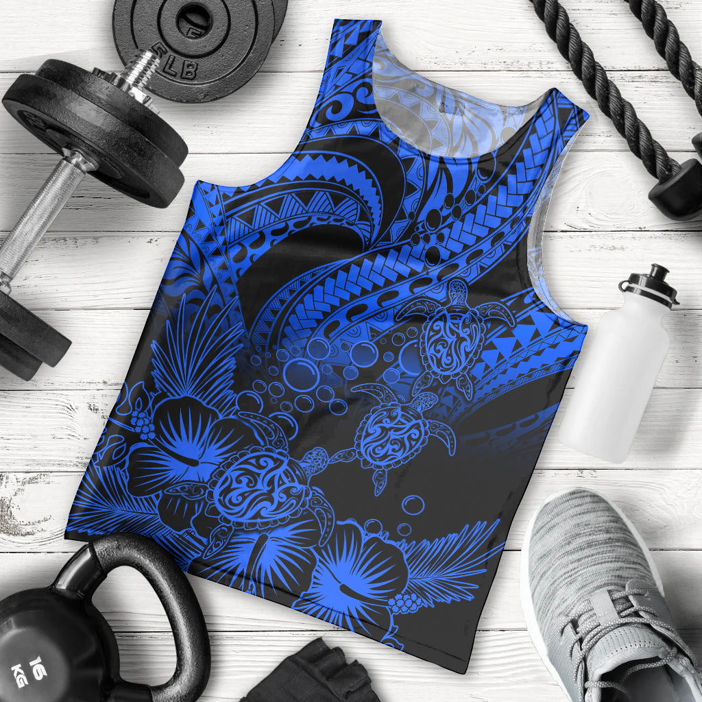 Personalised Polynesian Men Tank Top Tribal Honu Turtle with Hibiscus Blue Version