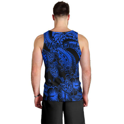 Personalised Polynesian Men Tank Top Tribal Honu Turtle with Hibiscus Blue Version